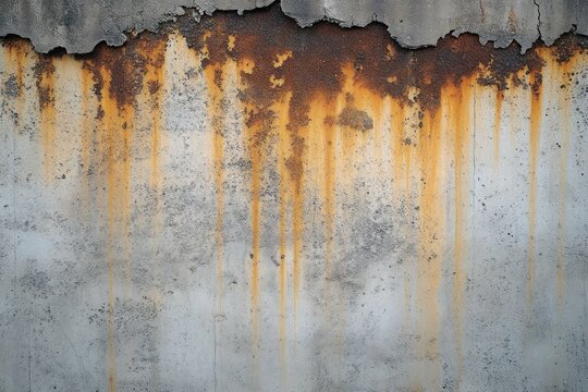 weathered concrete wall with crumbling top edge and orange rust streaks dripping down, textured decay and neglected urban surface