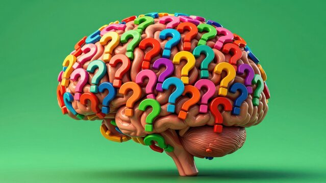 Colorful Brain with Question Marks 3D Illustration on Green Background