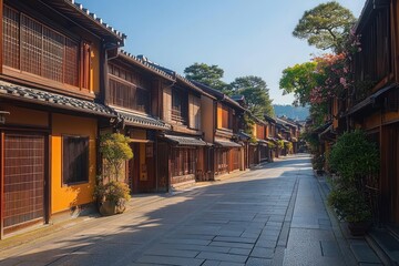 Fototapeta premium sunlit empty street lined with traditional wooden townhouses, tiled roofs, potted plants and pine trees under a clear blue sky, calm peaceful mood