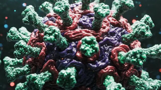 3D microscopic view of a contagious coronavirus pathogen particle in motion