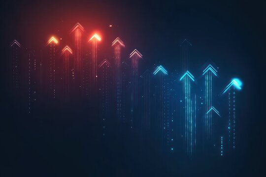 glowing red and blue neon upward arrows with digital streaks and particles on dark background conveying dynamic futuristic progress and optimism