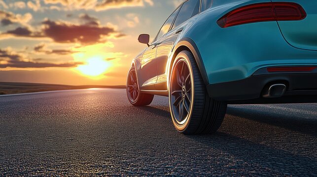 Teal SUV on an empty highway at sunset with glowing sky, warm reflections and a feeling of calm adventure