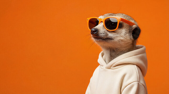 Hipster meerkat in stylish glasses and hoodie on bright orange background with copyspace. Creative minimal advertising concept.