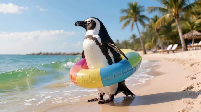 Penguin stands in shallow sea water with a bright inflatable ring on a sandy tropical beach, creating a humorous summer vacation concept with a playful animal scene.