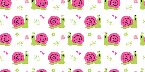 Colorful snail seamless pattern with hearts flowers and leaves. Cute playful design for kids fabric wrapping paper and wallpaper © Mariana
