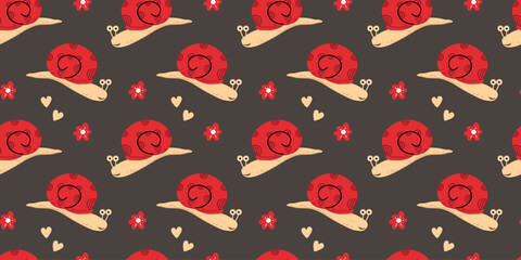 Cute cartoon snail seamless pattern featuring beige snails with bright red shells surrounded by small flowers and heart shapes on a warm brown background © Mariana