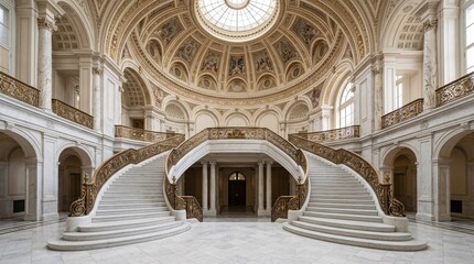 Fototapeta premium This grand sweeping staircase made of polished marble features ornate brass railings leading up to a domed ceiling with pristine symmetry.