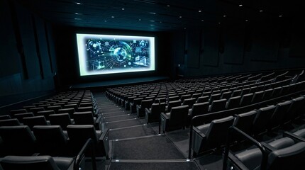 Fototapeta premium This illuminated presentation screen glows softly inside a completely dark modern lecture theater beside rows of sleek minimalist seats.