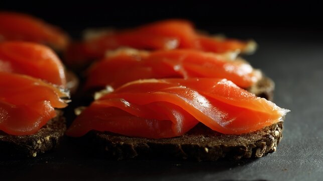 tonalite. Close-up of oily smoked salmon slices on dark rye bread. menu design, packaging mockups, designed for culinary blogs and recipe cards for restaurants, used by interior designers.
