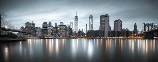 Naklejka premium Serene twilight urban skyline with illuminated suspension bridges, reflective river, towering glass skyscrapers and moody cloudy sky