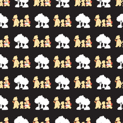 Forest Cute Bear Family Walk Pattern Cartoon. Seamless pattern featuring a cartoon bear family. Perfect for children designs, fabric prints, and cute animal-themed projects. © F-lin