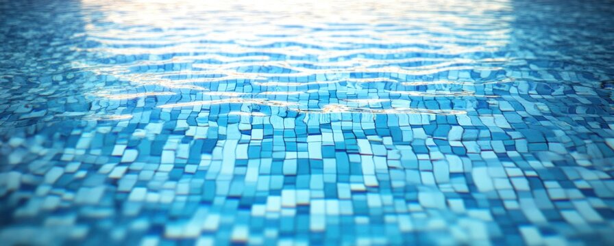 sunlit rippling pool water over blue mosaic tiles conveying calm refreshing summer tranquility