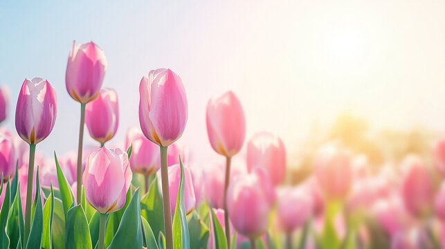 A field of vibrant pink tulips in soft golden sunlight, their delicate petals glowing against a bright, clear spring sky