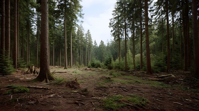 A secluded view looking down a row of tall conifer trees into a natural forest clearing