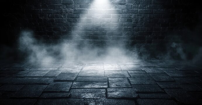 wet cobblestone pavement and brick wall lit by a single overhead spotlight with low-lying fog and dark shadows, creating an eerie and lonely urban mood