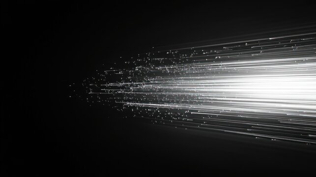 bright white beams and sparkling particles streaming from the right across a dark background, dynamic futuristic energy and motion