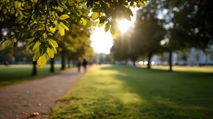 Obraz premium Sunlit park path viewed through vibrant foreground foliage capturing the soft glow of a peaceful day