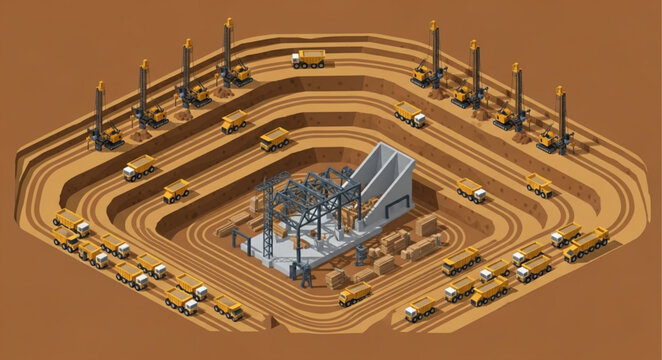 Open pit mine excavation with heavy machinery and trucks.