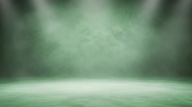 Mystical green light illuminating a dark and foggy forest path