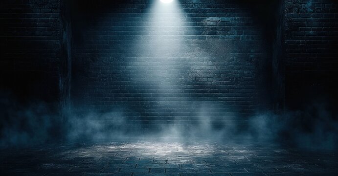 Empty dark brick room lit by a single overhead spotlight with low fog on a paved floor and an eerie, tense atmosphere