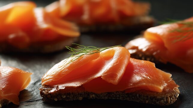 tonalite. Close-up of oily smoked salmon slices on dark rye bread. menu design, packaging mockups, designed for culinary blogs and recipe cards for restaurants, used by interior designers.