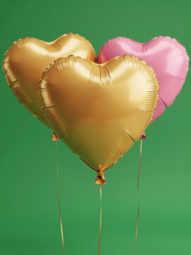 Heart-Shaped Gold and Pink Balloons on Green Background for Valentine'S Day