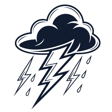 Dark thunderstorm cloud with multiple lightning bolts and falling raindrops grap