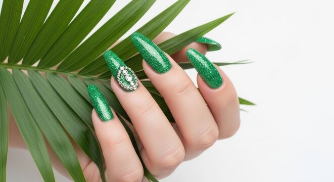 Hand with long, sparkling green nails holds a palm leaf against white
