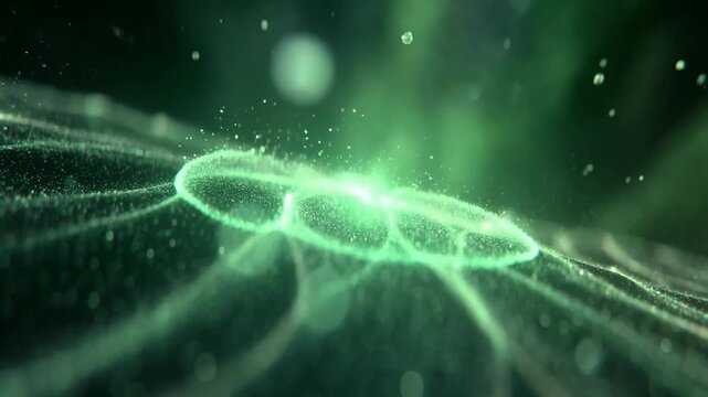 Abstract green light waves with floating particles in soft blur style on dark background, concept of energy flow and motion