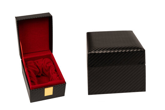 Black empty box covered with red velvet isolated on a white background.