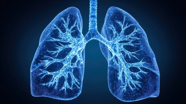 lungs. Human lungs anatomical illustration in medical blue tone with soft glow, isolated on dark background. STEM education sheets, lab safety posters, designed for biotech research communications.