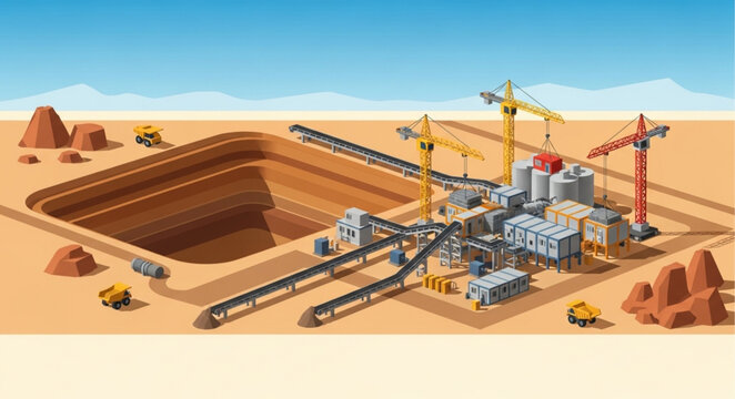 Open pit mining excavation site with heavy machinery.