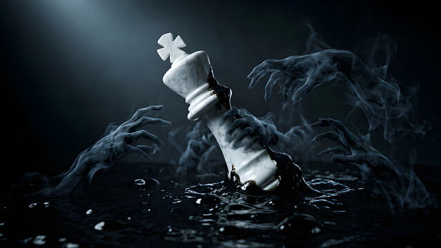 Dark realistic surreal photo of a chess king sinking into black tar pulled by smoke hands representing defeat.