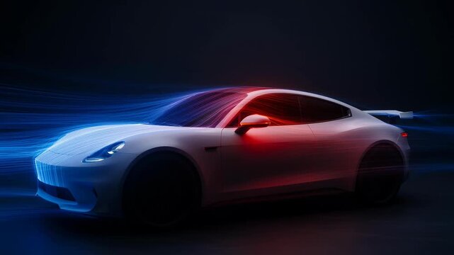 Futuristic white sports car with blue digital energy lines flowing symbolizing aerodynamics and technology in a dark studio.