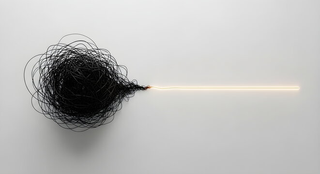 Problem solving and clarity concept with complex messy thread becoming a simple line