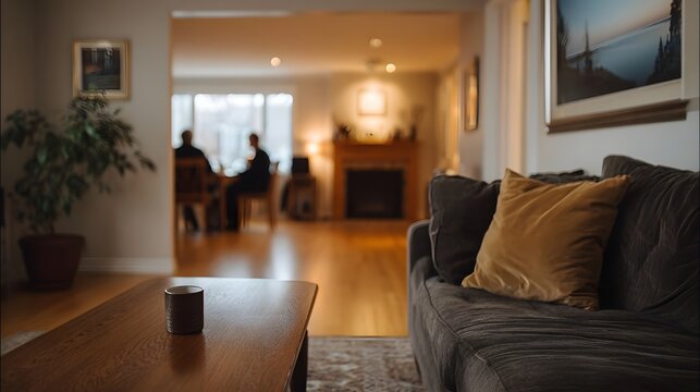 A warmly lit interior view of a modern living room featuring comfortable seating and natural wooden elements
