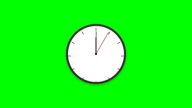 A classic analog clock face with black hour and minute hands, against a vibrant green screen background, perfect for time-lapse or countdown sequences