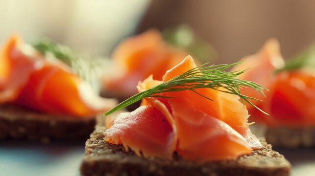 tonalite. Close-up of oily smoked salmon slices on dark rye bread. menu design, packaging mockups, designed for culinary blogs and recipe cards for restaurants, used by interior designers.