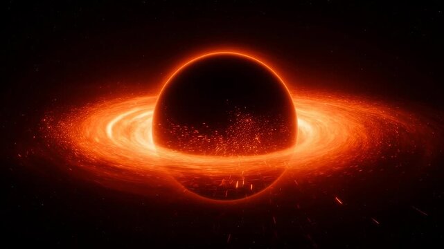 Glowing black hole with rotating orange accretion disk in deep space