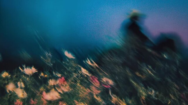 Horseback Rider Moving Through a Vibrant Meadow of Wildflowers at Twilight Captured in a Soft Blurred Motion Style Creating a Dreamlike and Ethereal Atmosphere in the Countryside Evening Landscape