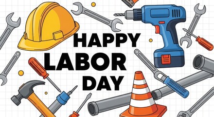 Naklejka premium Happy labour day celebrating workers with tools construction industry a festive illustration