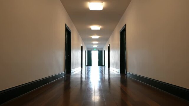 Symmetrical view of a long interior hallway with white walls, multiple dark wooden doors, and a polished hardwood floor reflecting bright overhead square lights and an open doorway at the end.