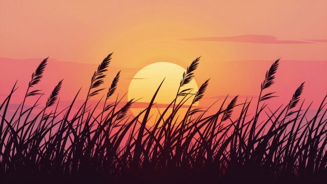 Silhouette of Grass Against Vibrant Sunset Sky Background