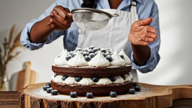 A baker sifting powdered sugar over a layered chocolate cake decorated with white whipped cream and fresh blueberries on a rustic wooden platter in a kitchen setting.
