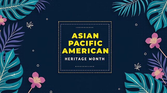 Asian Pacific American Heritage Month Title Over Blue Tropical Leaves.