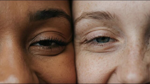 Eyes of Two Women with Different Skin Tones Looking Directly into the Camera in a Close Up Portrait Capturing Human Diversity and Connection Through the Gentle Movement of Blinking