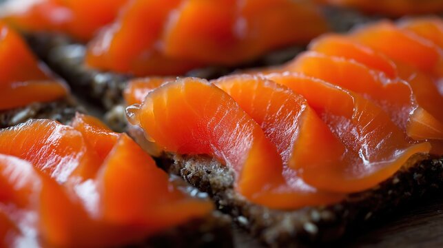 tonalite. Close-up of oily smoked salmon slices on dark rye bread. menu design, packaging mockups, designed for culinary blogs and recipe cards for restaurants, used by interior designers.