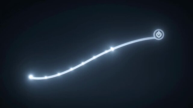 Glowing energy pulses moving along curved path toward power button icon on dark digital background representing connectivity and data flow