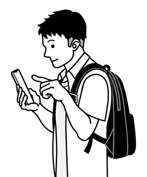 Side view young man checking smartphone with index finger hovering before tap, backpack, short-sleeved, line art