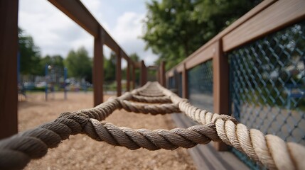 Fototapeta premium A close up angled view of a braided rope spanning an outdoor playground path leading through surrounding wooden structures and green foliage